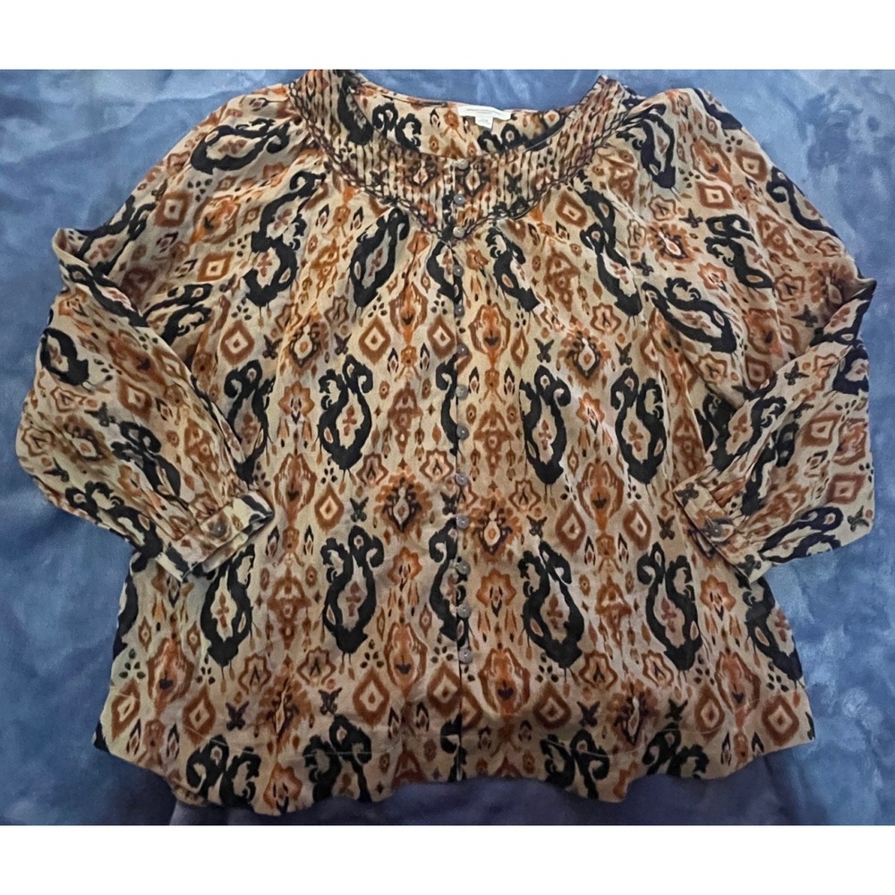 Beachlunchlounge Womens Ikat Print Cotton Smocked Button Front Blouse Orange M